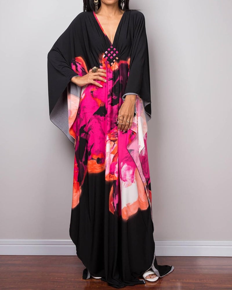 Bsubseach Women Ethnic Print Kaftan Beach Dress Plus Size Swimsuit Cover Up - Image 2